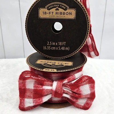 Christmas Wired Edge 2.5" Lot 2 Rolls Red White Check Fuzzy Ribbon 36ft New - Image 1 of 4