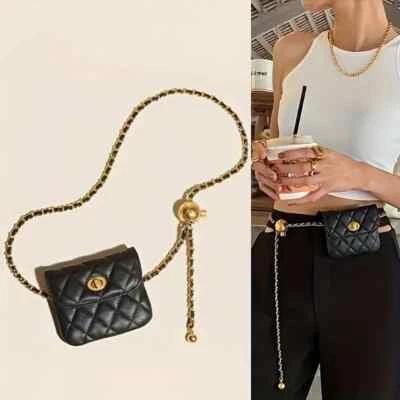 Chain Belt Mini Bag Stylish Argyle Quilted Pattern for Women Faux Leather - Image 1 of 4