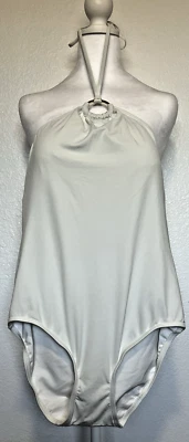 Michael Kors Womans White One Piece Halter Swimsuit SZ 12 Gold Metal Logo Ring - Image 1 of 4