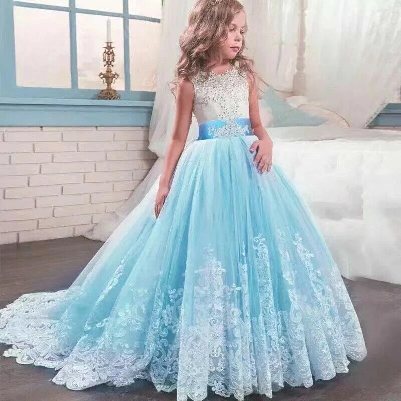 Girl Kid Flower Dresses Princess Party Wedding Bridesmaid Formal Gown Long Dress - Image 1 of 4