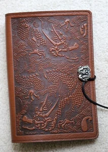 Oberon Design Leather Journal Cover 6" x 9" TWIN DRAGONS in Saddle - Picture 1 of 9