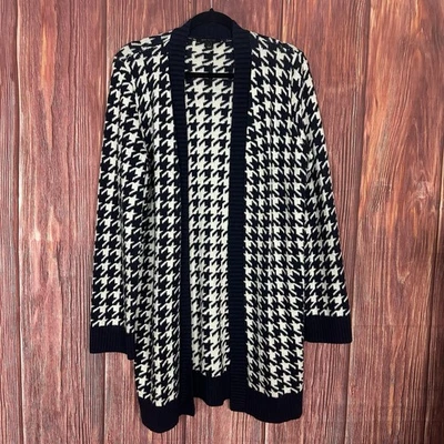 Cárdigan Ann Taylor Mujer Pequeño Azul Marino Blanco Pata de Gallo Primavera Preppy Academia Foto 1 de 4