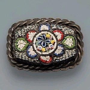 Vtg Italy Micromosaic Brooch Silver Tone Twisted Rope Mini Art Glass Tile Flower - Picture 1 of 10