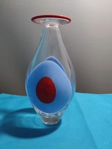 1999 Tony Cray Signed Art Glass Vase w/ Blue & Red Spot Decoration - Picture 1 of 12