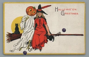 Halloween Greetings Witch JOL Man on Broom Gibson Art Co Postcard - Picture 1 of 2
