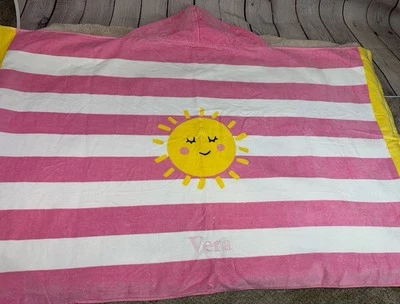 POTTERY BARN KIDS Sunshine Stripe Hooded Beach Towel Pink White Yellow “Vera” - Image 1 of 4