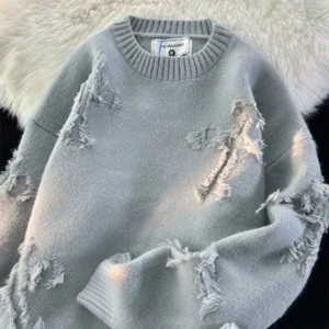 2023 Autumnand Y2K Streetwear Men New Retro Hole Fringed Sweater Loose Versatile - Picture 1 of 15