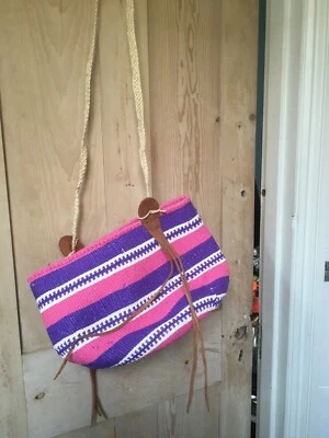 Vtg Sisal Woven Basket Tote Bag Pink Purple White long strap  c.34 x 26 cm - Image 1 of 3