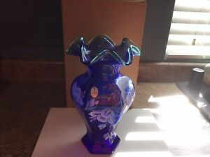 Fenton Cobalt Blue Celebration 75th Anniversary Vase Signed By Bill Fenton NEW