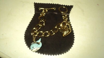 JUICY COUTURE CHAIN TOGGLE BRACELET GOLD HEART AND ENAMEL WHALE/OPENS MOUTH/PUP - Image 1 of 4
