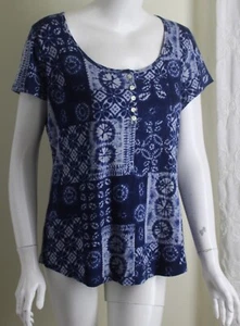 Chaps Sz XL Asian Japanese Patchwork Shibori Cotton Knit Blouse Shirt Top - Picture 1 of 6