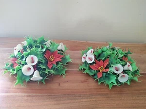 Vintage Pair of Pointsettia & Bells Christmas Wreath Taper Candle Holder Rings - Picture 1 of 4