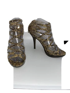 Black Anne Michelle Survivor Heels, Open Toed W/ Straps Gold Reptile Size 6 / 36 - Picture 1 of 8