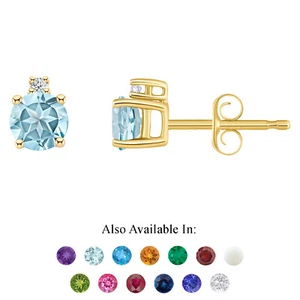 14K Yellow Gold 4mm Round Natural Aquamarine Diamond Accent Stud Earrings - Picture 1 of 4