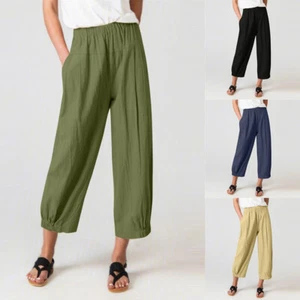 Womens Cotton Linen Cropped Harem Pants Summer Elastic Waist Wide Leg Trousers - Picture 1 of 18