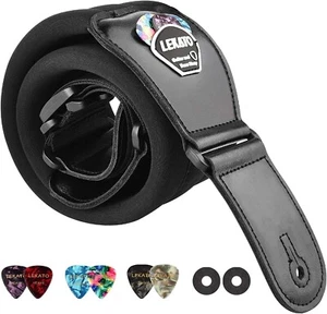 LEKATO Guitar Strap Genuine Leather Ends 3’’Wide Memory Foam Adj Length 45"-55" - Picture 1 of 10