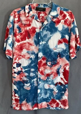Camisa Para Hombre XS Roja Blanca Azul Tie Dye Manga Corta Cuello Botón Sin Límites Foto 1 de 4