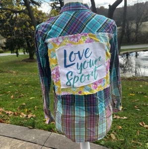 Custom Distressed  Upcycled Flannel Shirt Button-  Sport Kids 8/10 ONE OF A KIND - Picture 1 of 6