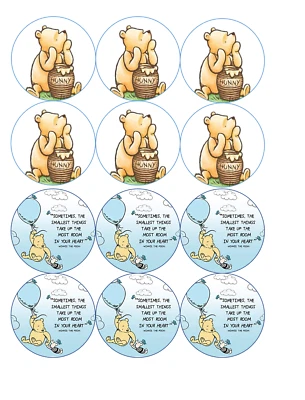 Juego de 12 rondas de imagen comestible Winnie the Pooh azules, papel oblea, precortado Foto 1 de 4