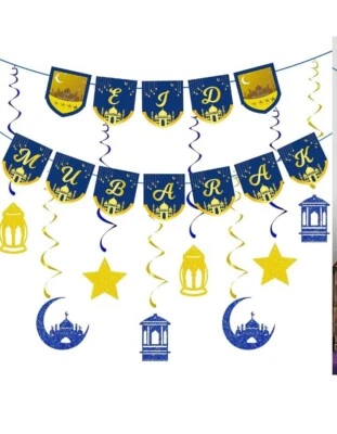 Conjunto de decoração redemoinhos pendurados Eid Mubarak Banner Eid, decorações muçulmanas do Ramadã - Imagem 1 de 4