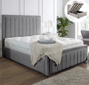NEW OTTOMAN STORAGE PANEL PLUSH VELVET UPHOLSTERED BED FRAME DOUBLE & KING SIZE - Picture 1 of 6