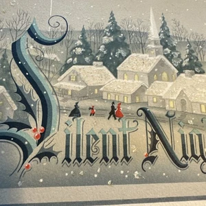 Tarjeta de Navidad De Colección Mcm People Town Street Church Brillo Azul Blanco Noche Silenciosa - Imagen 1 de 8