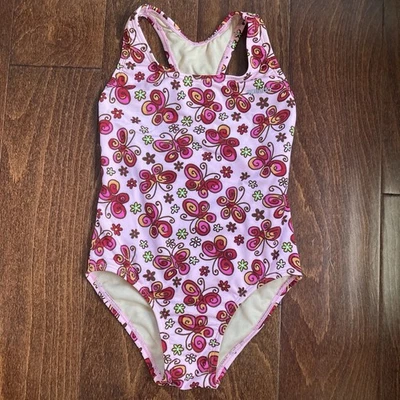 Girls SPEEDO Pink Floral Butterfly 1 Piece Swimwear Swimsuit Size Small 7 Pool - Image 1 of 4