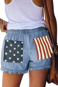 Womens USA Flag Jean Shorts Stretch Waist Light Wash Denim Shorts Women Casua... - Picture 1 of 3