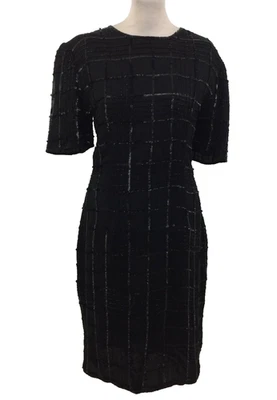 Vestido feminino J.M.C tamanho G preto lantejoulas de seda miçangas xadrez comprimento do joelho zíper usado F1 - Imagem 1 de 4