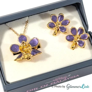 VTG Gift of Malaysia Orchid Flower 22K GP Earrings & Brooch Pendant Necklace Set - Picture 1 of 10