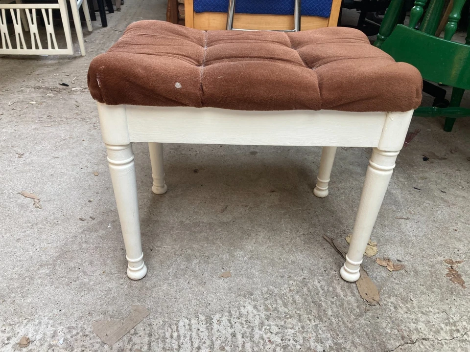 Vintage Retro Ducal White Painted Dressing Table Stool Brown Velour Button Top - Image 1 of 4