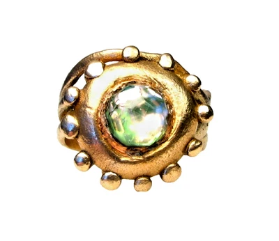 Anel de bronze dourado estilo antigo - Pedra Abalone - Tamanho 12 - Imagem 1 de 3
