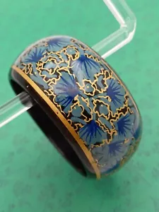 Chunky Statement Hand Painted Gold & Blue Floral Wooden Bangle Bracelet - Picture 1 of 7