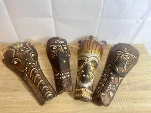 Vintage Papua New Guinea Tribal Masks (x4) – 1974 Inscription – Hand-Carved Palm - Picture 1 of 14