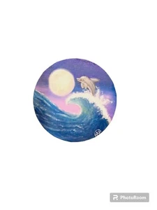 Dolphin Riding a Wave Fantasy Acrylic Painting on 8" Round Canvas - Picture 1 of 6