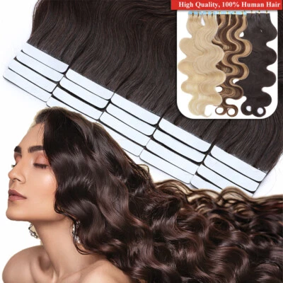 Wavy Tape In 100% Real Remy Human Hair Extensions Full Head Skin Weft 20/40pcs - Image 1 of 4