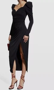 Jovani Black Ruched Puff-Sleeve Long Sleeve Sweetheart Midi Dress Size 6 $595 - Picture 1 of 20