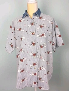 Vintage 90s Xquizzit Size Large Dalmatians Denim Button Up Shirt Blue White - Foto 1 di 7