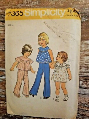 Simplicity Sewing Pattern 7365 Vintage 70" Toddlers Dress Top Pants Size 1 - Image 1 of 2