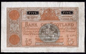 Bank of Scotland, 5 pounds, 6-1-1943, 10/Q 5362. Edge nicks, pressed, F-VF. - Imagen 1 de 2