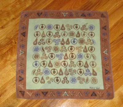 Vintage Tammis Keefe Brown Blue Bees Fruit Cherries Handkerchief Scarf 16" - Image 1 of 4