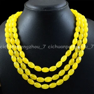 3 Rows Natural 5x8mm Yellow Topaz Jade Oval Rice Gemstone Beads Necklace 18-20'' - Picture 1 of 4