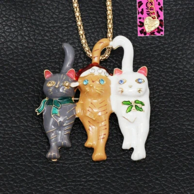 Betsey Johnson Cristal Navidad Gatos Oro Colgante Collar Broche Bolsa Regalo Gratis Foto 1 de 4