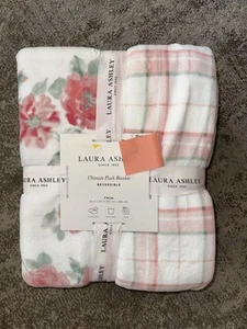 Laura Ashley Twin Blanket Reversible Pink Floral Albertine Plaid NEW - Picture 1 of 4