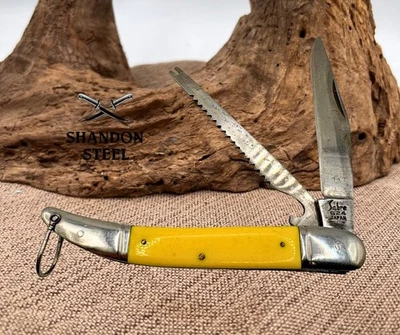 Cuchillo y escalador de pescado de bolsillo plegable vintage SABRE 624 hecho en Japón 2 hojas (34) Foto 1 de 4