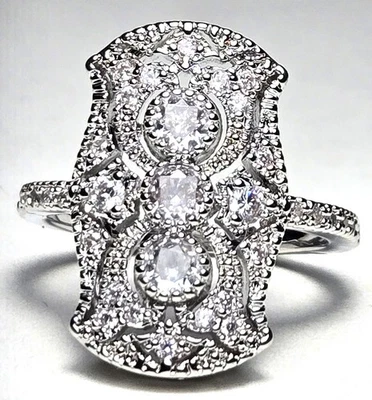 Gorgeous Art Deco Vintage Style Platinum FN Lab Cubic Zirconia Filigree Ring - Image 1 of 4