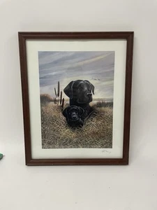 BLACK LAB DOG PICTURE PUPPY DUCK HUNTING RUANE MANNING MATTED FRAMED SIgned - Picture 1 of 3