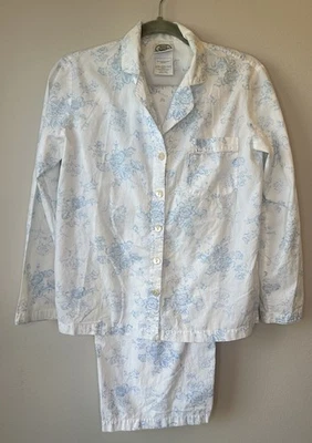 Conjunto de pijama Laura Ashley pequeno azul branco floral 100% algodão feminino abotoado - Imagem 1 de 4