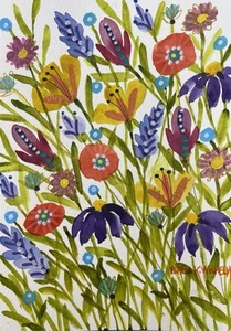 "Acuarela suelta original Pamela Wilhelm 5""x7"" caprichosa jardín de flores silvestres" - Imagen 1 de 1