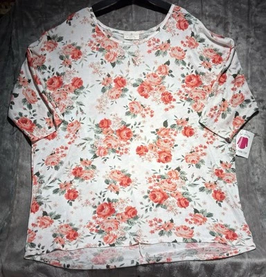 Top floral Bobbie Brooks para mujer 3X coral melocotón blanco elástico manga corta nuevo Foto 1 de 4